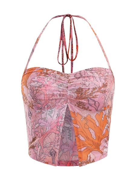 

plant print tie back ruched split hem mesh halter g49a#, White