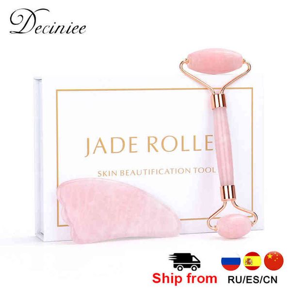 Jade Roller Gesichtsmassage Gua Sha Scraper Board Set Kit für Körperpflege Natürlicher Rosenquarz Stein Schönheitswerkzeug für Nacken Rücken220429