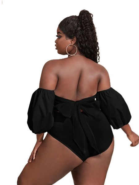 

sxy plus off shoulder tie back bodysuit k9yu#, Black