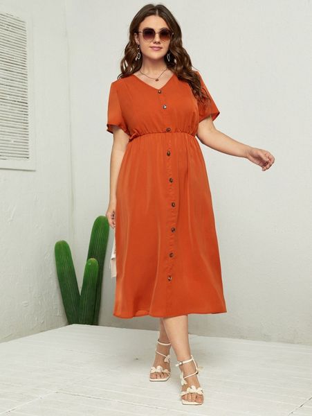 

plus solid v neck button detail a-line dress 74pt#, Black