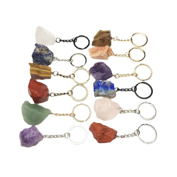 

natural rough stone quartz keychain ring for women men handbag hangle car key holder raw mineral stones keyring jewelry, Silver
