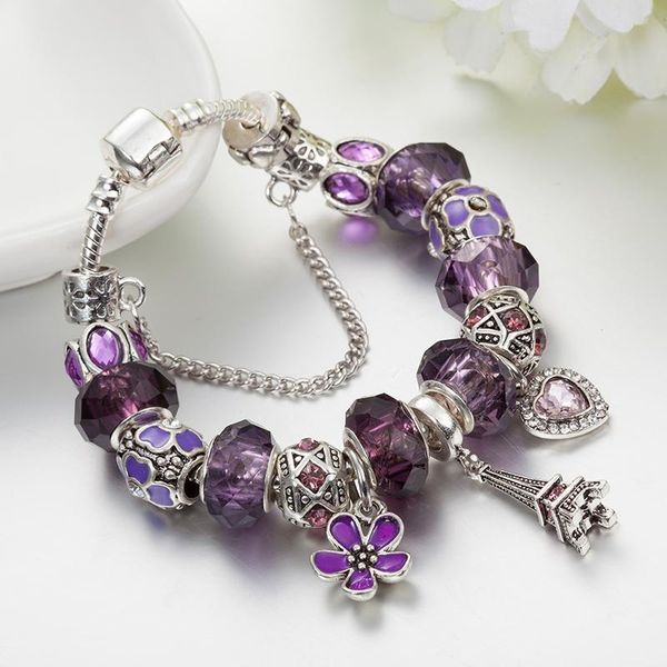 Bracelets de charme gota abalorio eiffel torre autêntica púrpura de cristal roxo se encaixa nas jóias DIY originais B17047CHARM