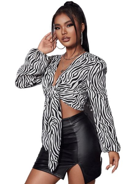 

sxy zebra striped lantern sleeve knot front crop blouse u9bq#, White