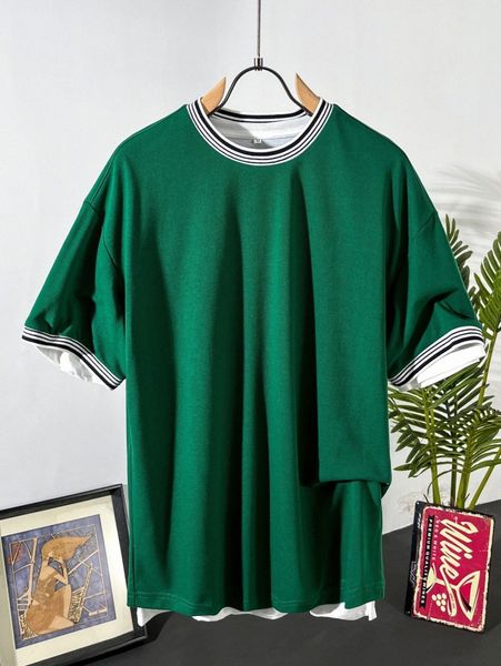 

men striped trim drop shoulder tee 07hs#, White;black