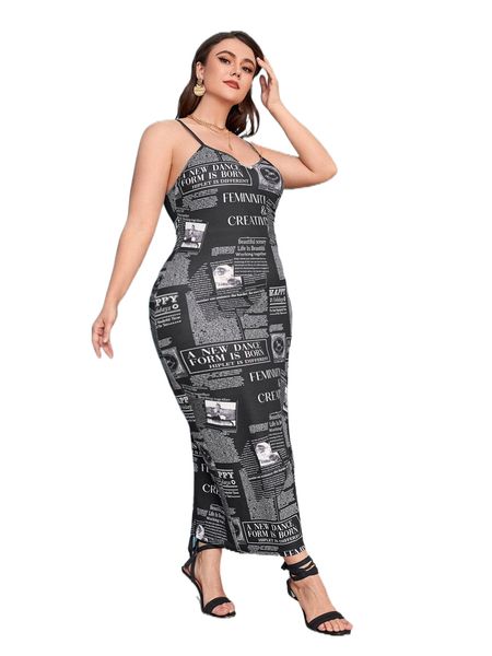 

plus newspaper print bodycon dress 480d#, Black