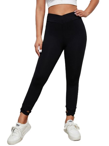 

cut out criss cross hem pants q4pf#, Black;white