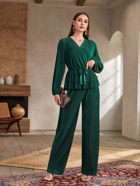 

solid surplice neck layered ruffle hem & pants s4pn#, White