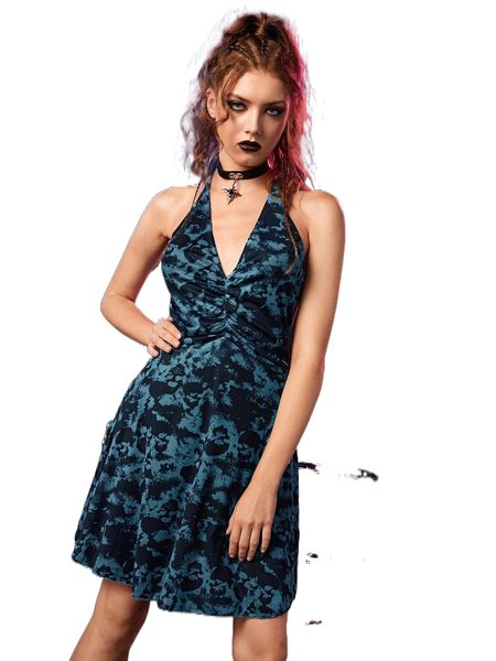 

romwe punk rock skull print ruched backless halter dress c8tj#, Black;gray