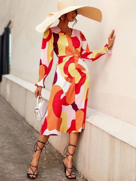 

random colorblock twist front shirred cuff dress b6nh#, Black;gray