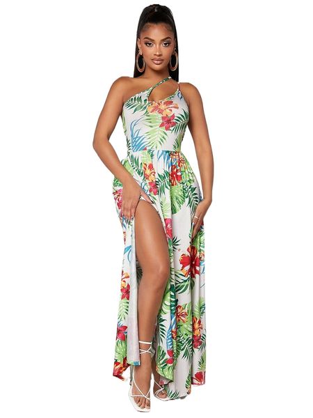

sxy tropical print asymmetrical neck split thigh dress x70r#, Black;gray