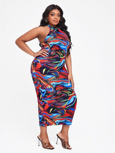 

sxy plus allover print tie backless halter bodycon dress 68i7#, Black