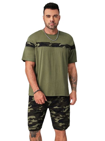 

extended sizes men camo print tee & drawstring waist shorts 569b#, Gray