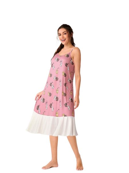 

letter & cartoon graphic ruffle hem cami nightdress j1ph#, Black;red