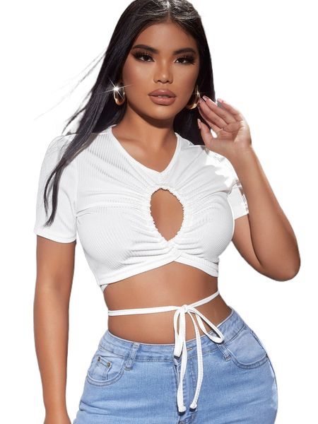 

sxy cut out drawstring knot crop h314#, White