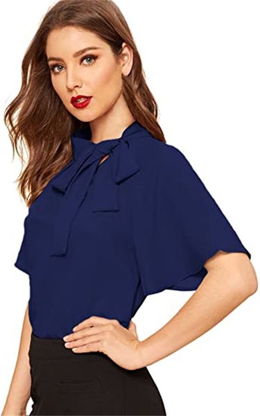 

& tees women's casual side bow collar blouse with short sleeves, White