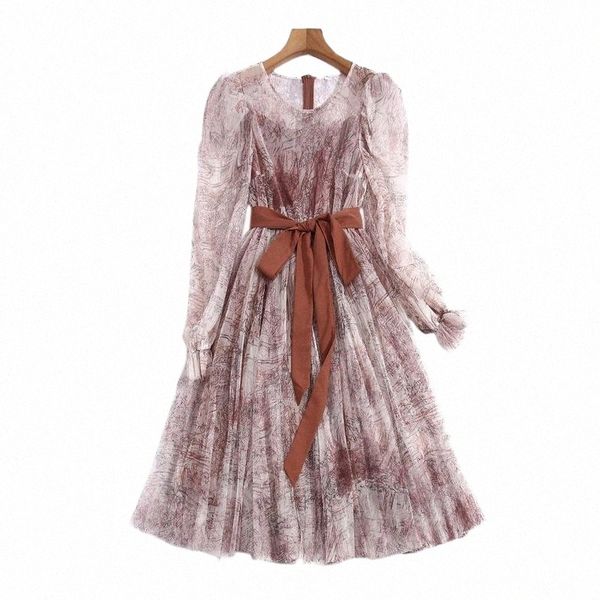

casual dresses runway spring summer women's net gauze printing long sleeve party vacation vintage fashion elegant midi dress 61dy#, Black;gray