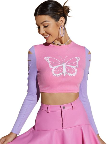 

x squid house butterfly print cut out crop tee e0r8#, White
