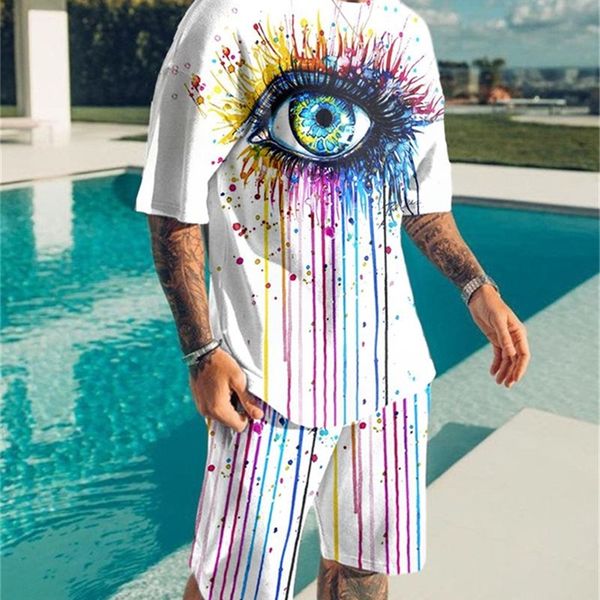 Set da uomo estivi Stampa 3D Manica corta Modello Big Eye T-shirt oversize da uomo Pantaloncini Tessuto in fibra Tuta da uomo Retro 220622