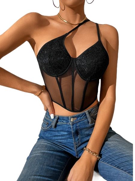 

tall contrast mesh one shoulder 23ir#, White