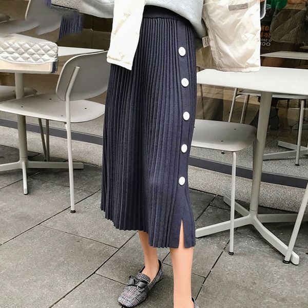 

autumn winter elastic high waist skirts faldas mujer moda jupe kintted pleated skirt button split slim skirts y200326, Black