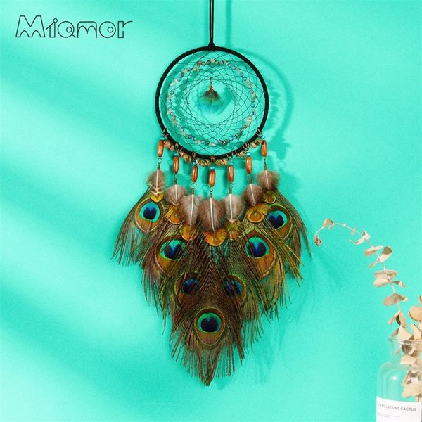 Miamor Dreamcatcher com pavão penas maternal escola criança decoração casamento casamento parede pendurado decor acessórios amor0158 220407