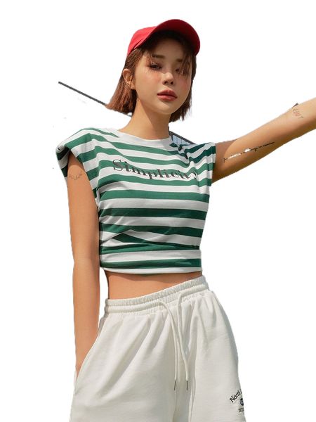 

dazy striped & letter graphic shoulder pad tee 88rd#, White