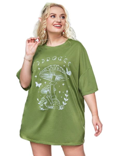 

plus butterfly & mushroom print drop shoulder tee e1ll#, Black