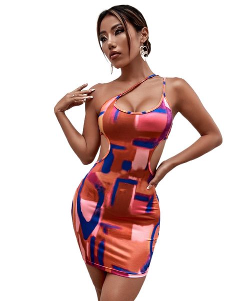 

graphic print cut out bodycon dress d3vp#, Black;gray