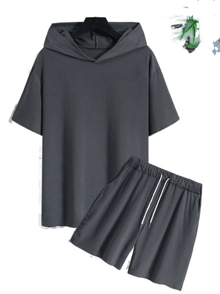 

men solid drop shoulder hooded tee & shorts t2dx#, Gray
