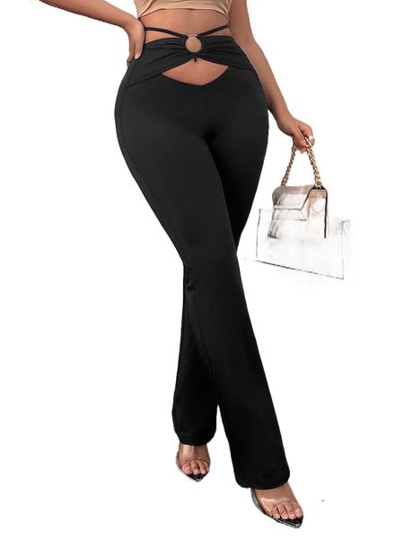 

sxy cut out ring linked solid pants e4by#, Black;white