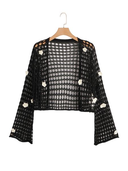 

plus openwork floral crochet open front flounce sleeve cardigan r47d#, Black