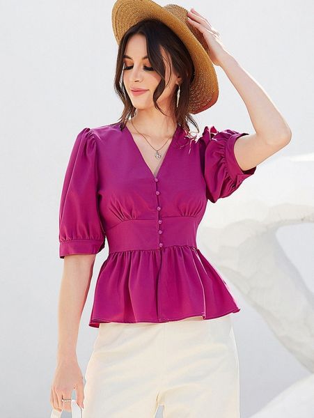 

puff sleeve peplum hem blouse w5pi#, White