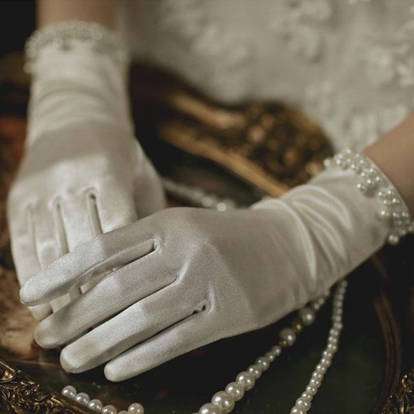 Beş Parmak Eldivenleri İnce Kısa Saten Elastik Elbise İnci Dantel Yay Partisi Papografi Düğün Aksesuarları Zarif Mizaç Gelin