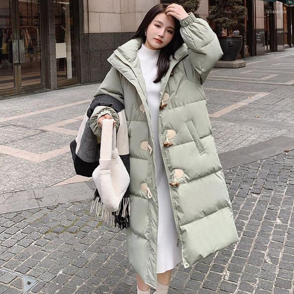 Piumino da donna Parka Giacche invernali Fibbia in corno imbottita 2022 Cotone spesso verde Moda manica lunga Parka classico Abbigliamento donna sciolto Luci