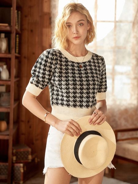 

knit mix houndstooth pattern puff sleeve knit h2ik#, White;black