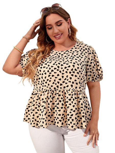 

plus allover heart print puff sleeve peplum blouse f9bm#, Black