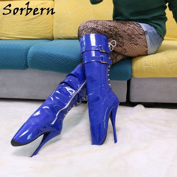 Sorbern Mavi Patent Bale Botları Diz Yüksek Lace Up BDSM Ayakkabı Unisex Stilettos Geri Dantel Zip Sapanlar Çok Renkler