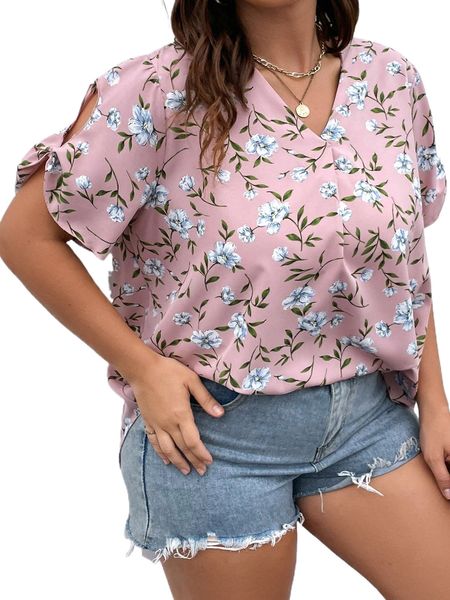 

plus allover floral print split sleeve blouse u41a#, Black