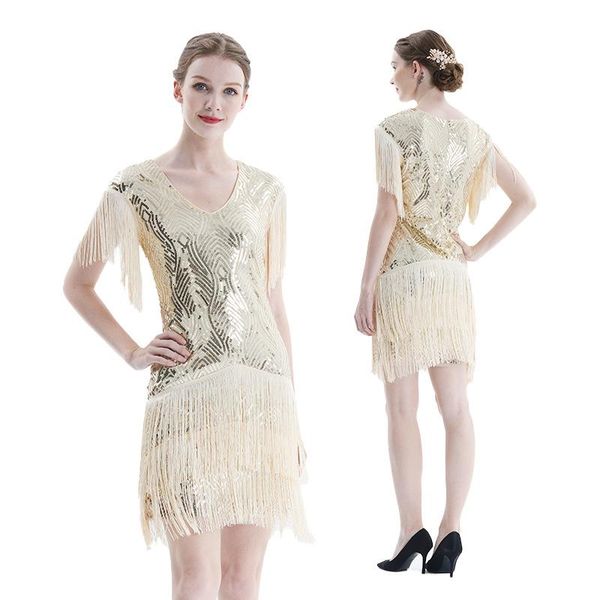 Partykleider für Damen, Vintage-Stil, 1920er-Jahre, Art-Deco-Stil, Great Gatsby, transparenter V-Ausschnitt, Quasten, Fransenärmel, inspiriert von perlenbesetzten Pailletten, Flapper-Kleid