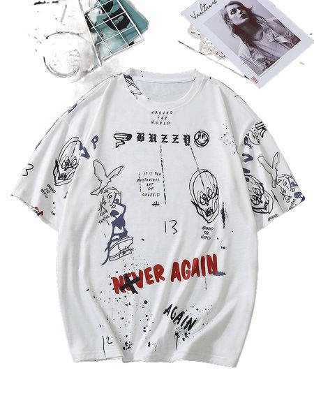 

men slogan & skull print tee 65qk#, White;black
