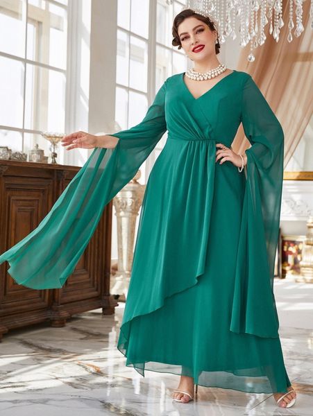 

plus extra-long sleeve chiffon prom dress a3nt#, Black