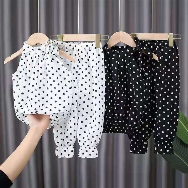

girls clothes set polka dot kids summer sets chiffon fashion shirt and pants ruffle children suit 220525, White