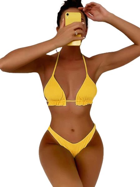 

plain rib frill trim halter high cut bikini swimsuit o4xg#, White;black