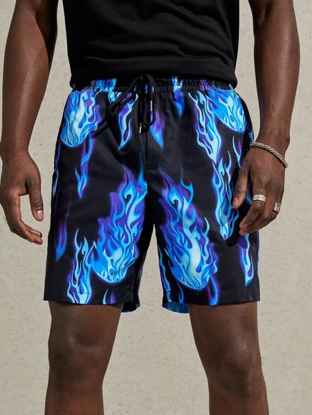 

men fire print drawstring waist shorts g7wo#, White;black