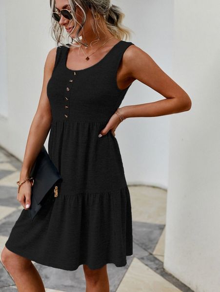 

button detail ruffle hem dress w3op#, Black;gray