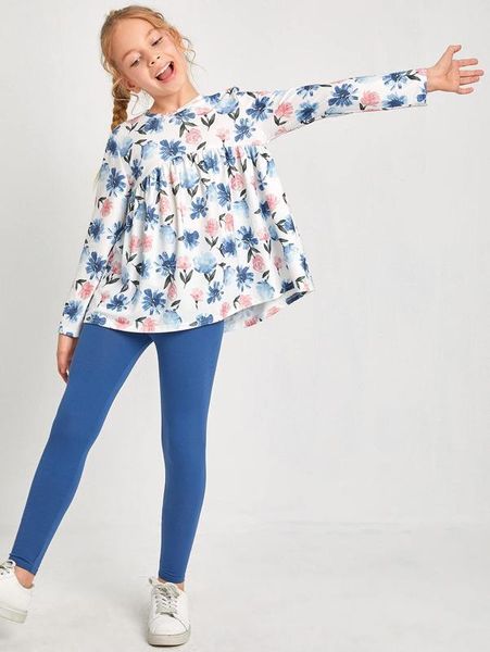 

girls floral print babydoll & solid leggings set she, White