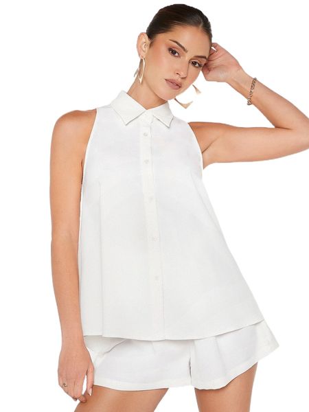 

sleeveless button front blouse & shorts u1pk#, White