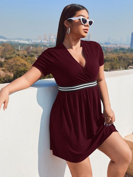 

plus striped tape rib knit dress l5ny#, Black