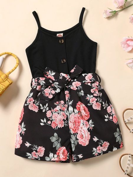 

toddler girl floral print belted cami romper she, Blue