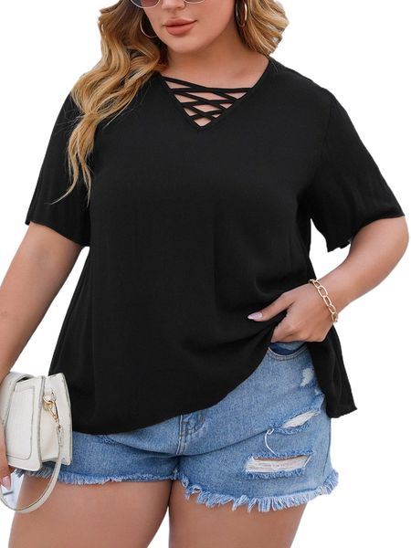 

plus crisscross front solid blouse 85dc#, Black
